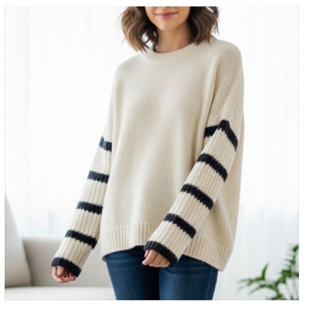 Brochu Walker Crewneck Sweater Striped Wool Alpaca Blend Cream Size Medium